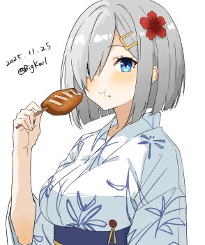 1girl :t absurdres bigkwl blue_eyes blush breasts commentary_request dated eating flower grey_hair hair_flower hair_ornament hair_over_one_eye hairclip hamakaze_(kancolle) hamakaze_(yukata)_(kancolle) highres ikayaki japanese_clothes kantai_collection kimono large_breasts looking_at_viewer open_mouth sash short_hair solo upper_body white_background yukata