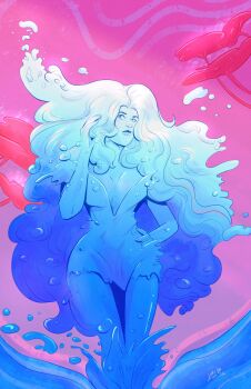 1girl aquamaria_(dakotaverse) blue_eyes blue_hair blue_sclera blue_skin breasts cleavage colored_sclera colored_skin dakotaverse dc_comics dress female_focus gradient_background hand_on_own_hip highres large_breasts lips liquid_clothes liquid_hair long_hair melting milestone_comics monster_girl parted_bangs pink_background purple_background slime_girl solo solo_focus static_shock very_long_hair water wet yasfmart