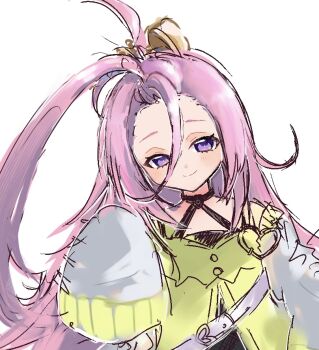 1girl aino_(genshin_impact) bare_shoulders belt black_choker bloomers blush buttons choker closed_mouth commentary_request dress genshin_impact green_dress hair_between_eyes hair_ornament hand_up heart_ornament i_ruka82 long_hair long_hair_between_eyes long_sleeves looking_at_viewer pink_hair purple_belt purple_eyes simple_background smile solo topknot underwear unfinished very_long_hair white_background wide_sleeves