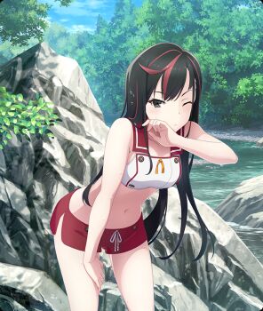 1girl adapted_costume bikini bikini_shorts black_eyes black_hair blue_sky breasts closed_mouth cloud collarbone cowboy_shot day dot_nose game_cg hand_on_own_thigh hand_up inago_akira leaning_forward long_hair looking_at_viewer medium_breasts minoseki_gakuin_uniform multicolored_hair nature navel official_art one_eye_closed outdoors red_sailor_collar red_shorts red_streaks river sailor_collar shorts side_slit sky solo stomach streaked_hair swimsuit third-party_source toji_no_miko toji_no_miko:_kizamishi_issen_no_tomoshibi tree wet white_bikini