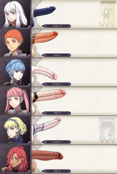 6+futa absurdres artist_name blonde_hair blue_eyes blue_hair blunt_bangs braid chart commentary constance_von_nuvelle dark-skinned_female dark_skin english_commentary fire_emblem fire_emblem:_three_houses futanari hair_between_eyes hair_bun hapi_(fire_emblem) highres hilda_valentine_goneril kushishekku large_penis leonie_pinelli long_hair looking_at_viewer lysithea_von_ordelia marianne_von_edmund multiple_futa nintendo orange_eyes orange_hair patreon_username penis penis_chart penis_size_difference pink_hair red_hair short_hair testicles twintails uncensored veins veiny_penis watermark white_hair