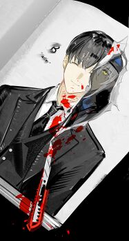 1boy 1other absurdres black_coat black_hair black_necktie blood blood_splatter book character_request closed_eyes coat collared_shirt colored_skin grey_skin gwechul highres lantercat necktie open_book revealing_layer shirt short_hair sidelocks smile symbolism torn_paper upper_body white_hair white_shirt yellow_eyes