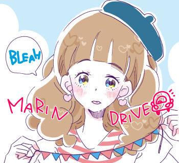 1girl bemani beret blue_eyes blue_hat blunt_bangs blush brown_hair earrings english_text hat heart heart_earrings highres holding holding_string jewelry long_hair pop&#039;n_music rie-chan solo song_name speech_bubble string string_of_flags tongue tongue_out uminonagisa upper_body
