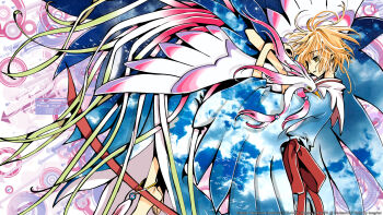 00s 1girl a_world_underneath bird brown_hair clamp copyright_name double_exposure female_focus from_side green_eyes highres messy_hair official_art official_wallpaper phoenix sakura_hime solo tsubasa_chronicle wings