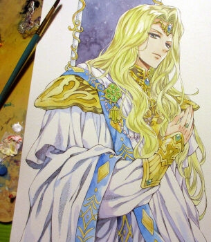 1boy agahari aiguillette angelique_(series) armor art_brush art_tools_in_frame blonde_hair blue_eyes circlet cloak closed_mouth commentary_request gold_circlet gold_ring hair_over_shoulder hand_up jewelry julius_(angelique) long_hair looking_at_viewer male_focus medal paintbrush painting_(medium) photo_(medium) robe shoulder_armor solo standing traditional_media upper_body vambraces white_cloak white_robe