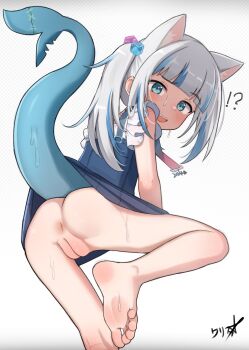 !? 1girl absurdres animal_ears anus ass barefoot blue_dress blue_eyes blue_hair blush boppin bottomless cat_ears commission dress feet fins fish_tail from_behind gawr_gura gawr_gura_(casual) hair_bobbles hair_ornament highres hololive hololive_english loli looking_at_viewer multicolored_hair official_alternate_costume open_mouth pussy shadow shark_girl shark_tail signature simple_background soles solo streaked_hair sweat tail toes uncensored virtual_youtuber white_background white_dress