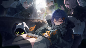 4boys 4girls \||/ absurdres anby_demara animal_ears bangboo_(zenless_zone_zero) belle_(zenless_zone_zero) billy_kid black_gloves black_jacket black_thighhighs blue_hair burger cat_ears cat_girl closed_eyes commentary_request couch double-parted_bangs down_jacket eous_(zenless_zone_zero) fingernails food fur-trimmed_jacket fur_trim gloves green_eyes green_jacket hair_between_eyes highres holding holding_burger holding_food holding_phone humanoid_robot jacket lying multiple_boys multiple_girls nekomiya_mana nicole_demara on_couch one_eye_closed patrick_star phone pillow pink_hair rabbit_ears red_jacket red_scarf robot robot_boy scarf sleepy squidward_tentacles sushispin sweat thighhighs w white_hair wise_(zenless_zone_zero) yellow_eyes zenless_zone_zero
