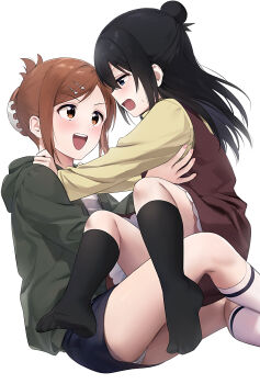 2girls absurdres black_eyes black_hair blue_skirt brown_cardigan brown_eyes brown_hair cardigan commentary_request dress eye_contact feet_out_of_frame fingernails hair_bun hair_ornament hairclip half_updo highres hood hooded_cardigan light_blush long_bangs long_hair long_sleeves looking_at_another marui_hitoha miniskirt mitsudomoe_(manga) miyashita multiple_girls nanatsu_no_umi open_cardigan open_clothes open_mouth panties pantyshot pencil_skirt pinafore_dress pink_nails red_dress shirt sidelocks sideways_mouth simple_background sitting sitting_on_lap sitting_on_person skirt sleeveless sleeveless_dress smile star_(symbol) star_hair_ornament straight_hair striped_clothes striped_shirt sweatdrop underwear v-shaped_eyebrows white_background white_panties yellow_shirt yuri