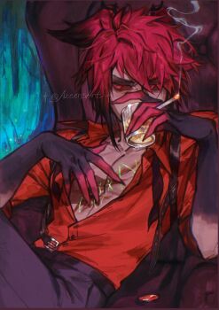 1boy alastor_(hazbin_hotel) alcohol animal_ears azeen black_necktie black_pants cigarette claws colored_extremities colored_sclera covered_mouth cup deer_ears drinking half-closed_eyes hazbin_hotel hellaverse highres holding holding_cigarette holding_cup looking_to_the_side male_focus messy_hair necktie no_eyewear pants partially_unbuttoned pectoral_cleavage pectorals red_eyes red_hair red_sclera red_shirt scar scar_on_chest shirt solo stitches twitter_username undone_necktie upper_body watermark