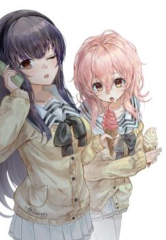 Rule 34 | 2girls, artist name, black hair, black hairband, brown eyes, cellphone, commentary, cropped legs, flip phone, food, food on face, hair between eyes, hairband, highres, holding, holding ice cream cone, holding phone, ice cream, ice cream cone, kimi to kanojo to kanojo no koi., lilio, long hair, long sleeves, mukou aoi (totono), multiple girls, one eye closed, open mouth, phone, pink hair, pleated skirt, sailor collar, school uniform, simple background, skirt, soft serve, sone miyuki, standing, sweater, symbol-only commentary, teeth, tongue, tongue out, twitter username, upper teeth only, white background, white sailor collar, white skirt, yellow sweater