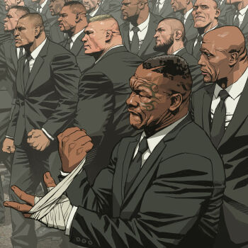 6+boys bald bandaged_hand bandages barack_obama beard black_suit blouse brock_lesnar collared_shirt dark-skinned_male dark_skin dave_bautista facial_hair facial_tattoo formal_clothes from_side gangster highres khabib_nurmagomedov looking_at_viewer meme mike_tyson multiple_boys mustache necktie real_life seung_eun_kim shirt short_hair suit tattoo the_rock_(dwayne_johnson) veiny_face vine_boom_(meme) white_shirt wwe