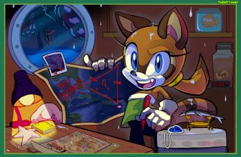 1girl alarm_clock animal_ears bermuda_triangle blobfish blue_eyes clock crab desk_lamp fang fish heart heart_necklace highres jewelry lamp looking_at_viewer map marine_the_raccoon marker necklace ocean raccoon_ears raccoon_girl raccoon_tail reference_request sea_monster ship smile solo sonic_(series) spongebob_squarepants_(series) tagme tail twentyann watercraft