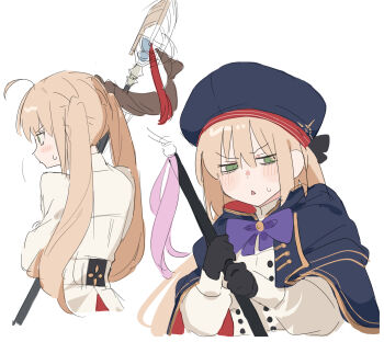 1girl artoria_caster_(fate) artoria_caster_(second_ascension)_(fate) artoria_pendragon_(fate) black_gloves blonde_hair blue_bow blue_bowtie blue_capelet blush bow bowtie capelet dress fate/grand_order fate_(series) gloves green_eyes highres holding holding_staff kaigan0211 long_hair long_sleeves simple_background staff twintails white_background white_dress