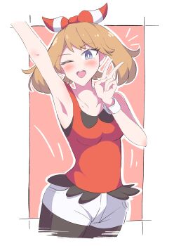1girl ;d absurdres armpits blue_eyes blush border breasts brown_hair female_focus hairband highres may_(pokemon) may_(pokemon_oras) medium_hair nintendo one_eye_closed open_mouth pink_background pokemon pokemon_oras red_hairband red_shirt shirt shorts simple_background small_breasts smile solo standing striped_clothes striped_hairband tank_top teeth upper_teeth_only v white_shorts wide_hips yuki_nagisaa