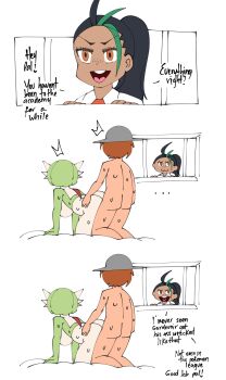 ... 1boy 2girls :3 all_fours ass ass_grab breasts caught clueless dark-skinned_female dark_skin doggystyle english_text expressionless florian_(pokemon) gardevoir gen_3_pokemon highres interspecies large_breasts looking_at_another multiple_girls nemona_(pokemon) nintendo nude pokemon pokemon_sv pokephilia ponytail saltyxodium sex sex_from_behind surprised sweat vaginal voyeurism