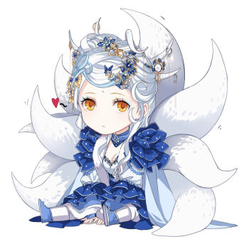 1girl between_legs bindi blue_dress blue_neckwear blue_shoes breasts chibi choker cleavage closed_mouth commentary_request dress expressionless female_focus fox_tail frilled_dress frills fur_trim hair_ornament hand_between_legs kitsune long_hair long_sleeves looking_at_viewer multiple_tails orange_eyes shi_er_xian shoes simple_background sitting solo tail white_background white_hair