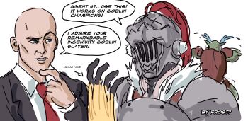 Rule 34 | 3boys, agent 47, armor, artist request, bald, blue eyes, crossover, crying, english text, goblin, goblin slayer, goblin slayer!, helmet, highres, hitman (game), long hair, male focus, multiple boys, raised eyebrow, speech bubble