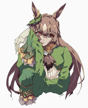 Rule 34 | 1girl, absurdres, animal ears, brown hair, closed mouth, cropped torso, dress, ear ornament, frilled sleeves, frills, green dress, hand on own cheek, hand on own face, hand up, head on hand, head rest, highres, horse ears, horse girl, long hair, long sleeves, looking to the side, multicolored hair, red eyes, ringring (artist), satono diamond (natural brilliance) (umamusume), satono diamond (umamusume), signature, simple background, sleeves past fingers, sleeves past wrists, solo, streaked hair, two-tone hair, umamusume, white background, white streaks