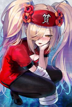 Rule 34 | 1girl, arm between legs, bandaged arm, bandages, binbougami ga!, black pantyhose, blonde hair, blush, breasts, cleavage, hair over one eye, head rest, headband, high heels, highres, long hair, medium breasts, momiji (binbougami ga!), open mouth, pantyhose, red shirt, shirt, short sleeves, solo, squatting, suou-sensei, twintails, yellow eyes