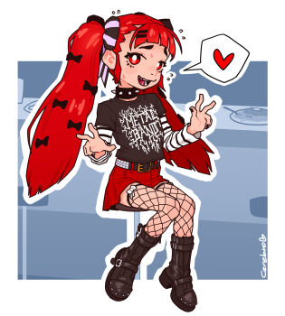 1girl belt boots borrowed_character cerebro_podrido collar commentary double_v english_commentary fishnet_thighhighs fishnets food highres long_hair original pasta pleated_skirt punk red_eyes red_hair simple_background skirt spaghetti spaghetti_(fiz-rot) spiked_collar spikes thighhighs twintails v white_background