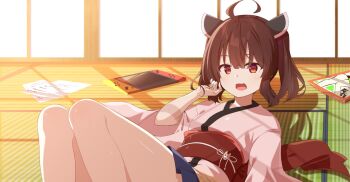 1girl :3 ahoge blue_skirt blunt_bangs book breasts brown_hair chaakusu commentary feet_out_of_frame fusuma game_console hair_between_eyes hand_in_own_hair headgear highres indoors japanese_clothes kimono looking_at_viewer lying medium_hair miniskirt obi obiage obidome obijime on_back on_floor open_mouth paper pink_kimono pleated_skirt print_kimono red_eyes red_sash sash shadow skirt sliding_doors small_breasts smile solo tatami thighs touhoku_kiritan twintails voiceroid wide_sleeves