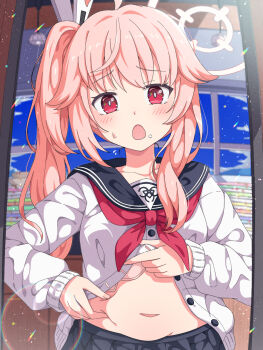 1girl black_sailor_collar black_skirt blue_archive clothes_lift commentary_request food food_on_face halo highres long_sleeves looking_at_viewer mikoshi_(user_wvyd4348) natsu_(blue_archive) navel neckerchief open_mouth pink_hair red_eyes red_neckerchief sailor_collar sailor_shirt shirt shirt_lift side_ponytail skirt solo weight_conscious white_halo