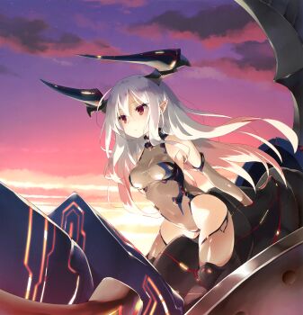 10s 1girl absurdres armpits bare_shoulders bodysuit breasts cleavage closed_mouth cloud cockpit colo_mag-chan colossus_(granblue_fantasy) covered_navel cropped draph elbow_gloves expressionless female_focus gloves gluteal_fold granblue_fantasy hair_between_eyes halterneck highleg highleg_leotard highres horns kani_biimu leaning_forward leotard long_hair mecha medium_breasts outdoors pilot_suit piloting pointy_ears red_eyes riding robot scan shiny_clothes skin_tight sky solo star_(sky) starry_sky sunset thighhighs turtleneck very_long_hair white_hair