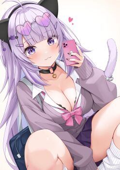 1girl :3 ahoge animal_ears bag black_bra black_choker black_nails blush bow bowtie bra bra_peek breasts cardigan cat_ears cat_hair_ornament cat_o-ring cat_tail cellphone choker cleavage closed_mouth collarbone duplicate eyewear_on_head fingernails grey-framed_eyewear hair_ornament hairclip heart heart-shaped_eyewear heart_collar highres holding holding_phone hololive large_breasts long_hair long_sleeves looking_at_viewer nail_polish nekomata_okayu o-ring o-ring_choker phone pink-tinted_eyewear pink_bow pink_bowtie purple_cardigan purple_skirt purple_tail school_uniform scrunchie shirt shoulder_bag simple_background skirt smartphone smile socks solo squatting tail tail_scrunchie thighs tinted_eyewear underwear virtual_youtuber white_background white_scrunchie white_shirt white_socks yukkini6