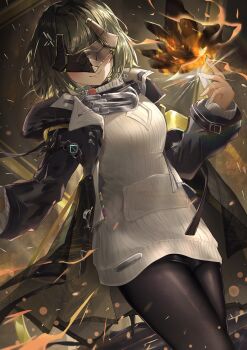 1girl absurdres arknights arknights:_endfield black_hair black_jacket black_pantyhose black_shorts blush breasts closed_mouth cowboy_shot crystal endministrator_(arknights) facing_viewer female_endministrator_(arknights) hair_ornament hairclip highres hood hood_down hooded_jacket jacket light_particles long_sleeves mask medium_breasts nekoplanetouo open_clothes open_jacket pantyhose pantyhose_under_shorts short_hair short_shorts shorts smile solo sweater turtleneck turtleneck_sweater white_sweater