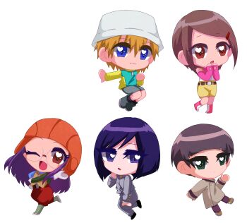 2girls 3boys digimon gg_xxx glasses hida_iori ichijouji_ken inoue_miyako long_hair looking_at_viewer multiple_boys multiple_girls one_eye_closed orange_eyes pink_hair takaishi_takeru wink yagami_hikari