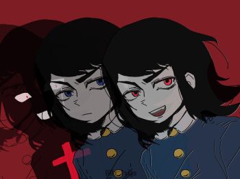 1boy abaddon_(haunted_hotel) black_hair blue_eyes commentary haunted_hotel highres male_focus medium_hair multiple_views noecho red_background red_eyes simple_background upper_body