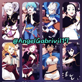 6+girls black_clover black_hair blonde_hair blue_eyes breasts charlotte_roselei charmy_pappitson cleavage green_eyes grey_(black_clover) hat highres horns large_breasts long_hair midriff mimosa_vermillion multiple_girls navel noelle_silva one_eye_closed open_mouth orange_hair pink_hair purple_eyes red_eyes secre_swallowtail smile sol_marron twintails vanessa_enoteca witch_hat