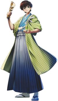 1boy alternate_costume brown_hair closed_mouth code_geass code_geass:_genesic_re;code full_body green_eyes green_kimono hakama hakama_skirt highres japanese_clothes kimono kururugi_suzaku long_sleeves male_focus multiple_boys official_art sandals simple_background skirt smile solo standing transparent_background