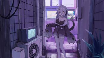 1girl :3 ahoge air_conditioner alley animal_hands bare_shoulders black_bra black_collar blush bra breasts buttons cat_tail cleavage collar commission fang feet_out_of_frame fur-trimmed_jacket fur_trim hair_between_eyes hair_ribbon highres jacket long_bangs long_hair long_sleeves looking_to_the_side mole mole_under_eye off_shoulder open_mouth original outdoors plant pocket pom_pom_(clothes) purple_hair purple_jacket ribbon sakiika0513 skeb_commission sleeves_past_wrists solo strap_slip tail television underwear ventilator window yellow_eyes