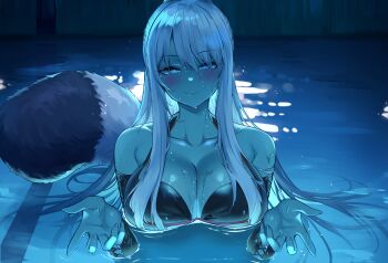 1girl absurdres bikini black_bikini black_sleeves blush breasts chainsaw_man character_request cleavage closed_mouth collarbone commission copyright_request cross-laced_clothes cross-laced_sleeves deogho_(liujinzy9854) detached_sleeves highres i&#039;ll_teach_you_everything_(chainsaw_man) large_breasts long_hair night partially_submerged pool raccoon_tail scene_reference smile solo swimsuit tail upper_body water wet white_hair