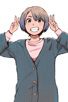 1girl brown_eyes brown_hair character_request commentary_request double_v grin hands_up highres long_sleeves naotan parted_bangs shirt short_hair smile solo v white_background white_shirt
