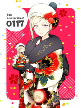 Rule 34 | 2girls, black gloves, blonde hair, commentary request, fairy (kancolle), floral print, french text, fur-trimmed kimono, fur trim, gloves, happy birthday, hat, highres, japanese clothes, kantai collection, kimono, multiple girls, official alternate costume, official alternate hairstyle, purple eyes, richelieu (kancolle), richelieu (new year) (kancolle), short hair, teramoto kaoru, white hat