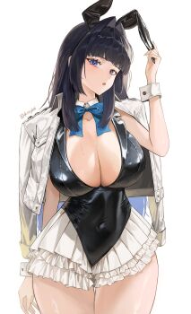 1girl absurdres alternate_costume animal_ear_hairband animal_ears black_hair blue_bow blue_bowtie blue_eyes blunt_bangs bow bowtie breasts cleavage commentary covered_navel cowboy_shot english_commentary fake_animal_ears hair_intakes hairband highres hololive hololive_english jacket jacket_on_shoulders large_breasts looking_at_viewer miniskirt nontraditional_playboy_bunny open_mouth ouro_kronii playboy_bunny rabbit_ear_hairband rabbit_ears santafe99 simple_background skirt solo virtual_youtuber white_background white_jacket white_skirt wrist_cuffs