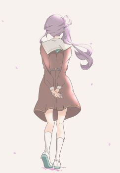 1girl absurdres aqua_neckerchief aqua_shoes arms_behind_back brown_dress commentary dress from_behind hasu_no_sora_school_uniform highres holding_own_wrist kneehighs link!_like!_love_live! long_hair long_sleeves love_live! medium_dress neckerchief otomune_kozue pleated_dress purple_hair rere_88rere sailor_collar sailor_dress school_uniform shoes side_ponytail sidelocks simple_background socks solo standing uwabaki virtual_youtuber walking walking_away white_background white_sailor_collar white_socks winter_uniform