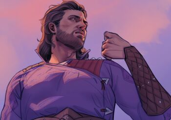 Rule 34 | 1boy, arm up, baldur's gate, baldur's gate 3, beard, belt, bracer, brown eyes, brown hair, closed mouth, collared shirt, commentary, dungeons & dragons, dungeons &amp; dragons, english commentary, facial hair, gale (baldur's gate), highres, leather belt, long sleeves, looking to the side, male focus, medium hair, nihildeputy, purple shirt, shirt, solo, upper body, wavy hair