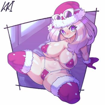 1girl bikini blonde_hair blue_eyes blush breasts cameltoe condom condom_wrapper covered_erect_nipples eyewear_on_headwear female_focus glasses gloves hat huge_breasts kaikoinu leaning_back looking_at_viewer nintendo pokemon pokemon_xy red_bikini red_hat red_thighhighs santa_bikini santa_costume santa_hat serena_(pokemon) side-tie_bikini_bottom smile solo spread_legs sunglasses swimsuit tagme thighhighs white-framed_eyewear
