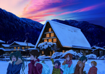 1boy 5girls arm_up bag blonde_hair blue_jacket blue_theme brown_hair brown_jacket brown_scarf brown_sweater building carrying_over_shoulder clenched_hand closed_eyes coat down_jacket duffel_coat everyone food fur-trimmed_hood fur_trim furude_rika gable_roof green_hair grey_sweater grin hair_ribbon head_tilt high_ponytail highres higurashi_no_naku_koro_ni hood houjou_satoko house icicle jacket kei_truck lamppost leaning_forward long_hair mac_naut maebara_keiichi morning motor_vehicle mountain mountainous_horizon multiple_girls napa_cabbage open_mouth outdoors parted_bangs pickup_truck pink_clouds pink_scarf plastic_bag plastic_wrap pointing pointing_up ponytail purple_clouds purple_jacket red_jacket ribbon ryuuguu_rena scarf scenery short_hair sidelocks signature smile snow snow_on_tree sonozaki_mion sonozaki_shion steam breath sunrise sweater talking truck turtleneck turtleneck_sweater very_long_hair white_coat window winter winter_clothes winter_coat yellow_coat yellow_ribbon