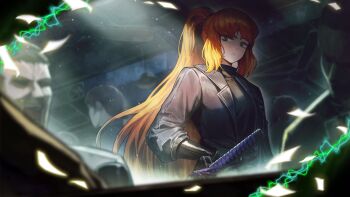 Rule 34 | 4others, black coat, black gloves, black shirt, coat, freckles, game cg, gloves, hairband, highres, ishmael (project moon), jeong's office (identity) (project moon), katana, library of ruina, limbus company, long hair, multiple others, nai ga, official art, orange hair, ponytail, project moon, purple rope, rope, shirt, solo focus, sword, weapon, yellow eyes