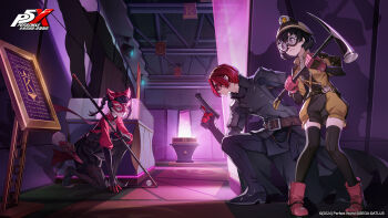 1boy 2girls absurdres artist_request black_hair black_jacket black_thighhighs braid child closed_mouth copyright_name gun hat highres holding holding_gun holding_pickaxe holding_polearm holding_weapon indoors jacket kamishiro_nagisa li_yaoling mask masked multiple_girls nishimori_haruna official_art persona persona_5 persona_5:_the_phantom_x pickaxe polearm profile red_eyes red_hair red_mask riddle_(p5x) rin_(p5x) short_hair thighhighs third-party_source twin_braids weapon wonder_(p5x)