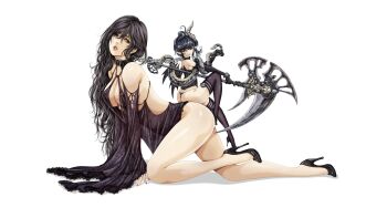 2girls animal artist_request ass black_dress black_eyes black_hair breasts chain character_request copyright_request dress femdom full_body giant giantess hanging_breasts high_heels highres holding holding_weapon large_breasts lips long_hair looking_back multiple_girls patent_heels pumps scythe shoes sitting sitting_on_person smaller_dominant snake source_request stiletto_heels thighhighs weapon white_background