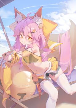 1girl absurdres ahoge animal_ear_fluff animal_ears ball bare_shoulders beachball bikini black_bikini blue_sky blush bow braid chair closed_mouth cloud cowboy_shot double-parted_bangs fate/samurai_remnant fate_(series) fox_ears fox_girl hair_between_eyes hair_bow hair_ornament hairclip heart heart_hair_ornament highres loli long_hair looking_at_viewer lounge_chair navel outdoors parasol pink_hair sand short_eyebrows sitting sky smile solo stomach sweat swimsuit tamamo_aria_(fate) thighhighs umbrella wet white_bow white_thighhighs yellow_bow yellow_eyes zonunoll