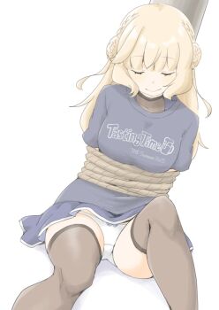 1girl akara_kai bdsm black_thighhighs blush bondage bound braid breasts brown_hair dress hair_bun highres kantai_collection long_hair medium_breasts panties ranger_(kancolle) restrained shibari shirt sitting sleeping solo thighhighs underwear white_background white_panties