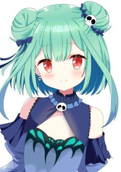1girl animal_print butterfly_print double_bun earrings ghost_earrings green_hair hair_bun hair_ornament highres hiiragisensei hololive hololive_fantasy jewelry looking_at_viewer red_eyes short_hair skull_collar skull_earrings skull_hair_ornament smile solo upper_body uruha_rushia virtual_youtuber