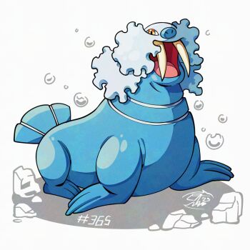blue_fur bubble commentary english_commentary fangs gen_3_pokemon looking_at_viewer mistray-art nintendo no_humans numbered open_mouth pokemon pokemon_(creature) signature simple_background solo walrein walrus white_background