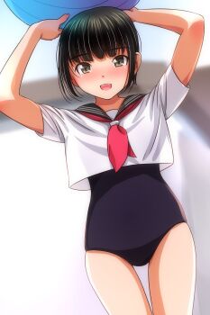 1girl absurdres arms_up ball black_sailor_collar blue_one-piece_swimsuit blue_school_swimsuit blush brown_eyes commentary highres holding holding_ball looking_at_viewer matsunaga_kouyou neckerchief one-piece_swimsuit open_mouth original red_neckerchief sailor_collar school_swimsuit school_uniform serafuku shirt short_hair short_sleeves smile solo swimsuit swimsuit_under_clothes white_shirt